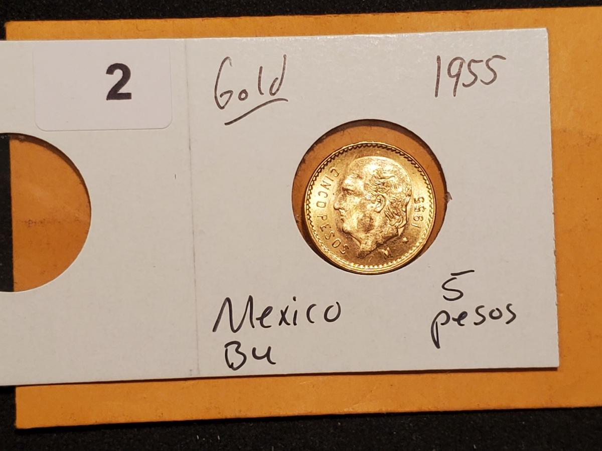 GOLD! 1955 Mexico Brilliant Uncirculated cinco pesos