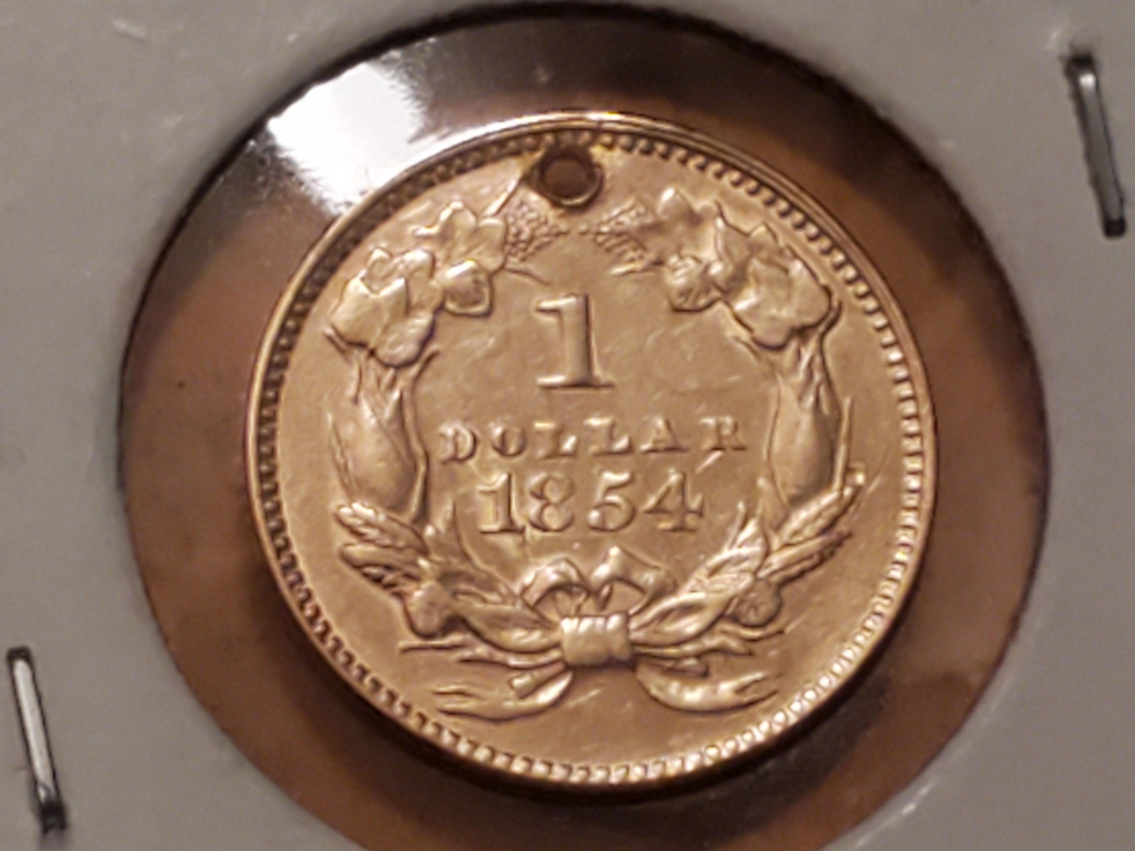 GOLD! 1854 Type 2 Princess Head One Dollar gold in About Uncirculated - details