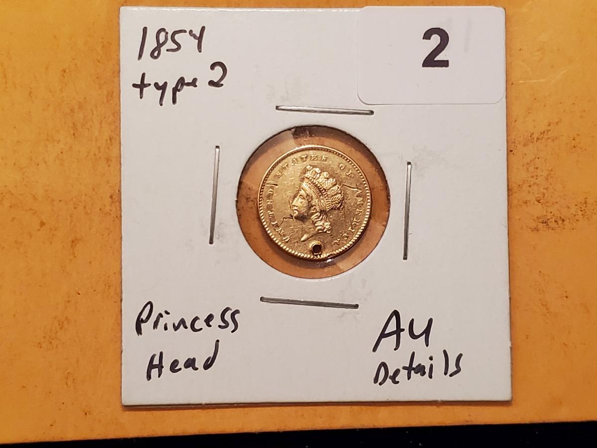 GOLD! 1854 Type 2 Princess Head One Dollar gold in About Uncirculated - details