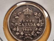 1909 Canada silver 5 cents in Extra Fine
