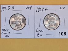 1953-D and 1964-D silver Washington Quarters
