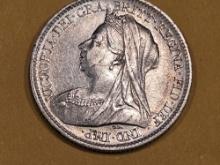 1899 Great Britain silver 6 pence in About uncirculated