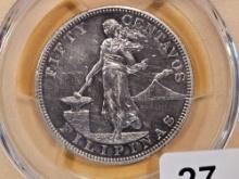 PCGS 1904 Proof Philippines silver 50 centavos in Proof 58