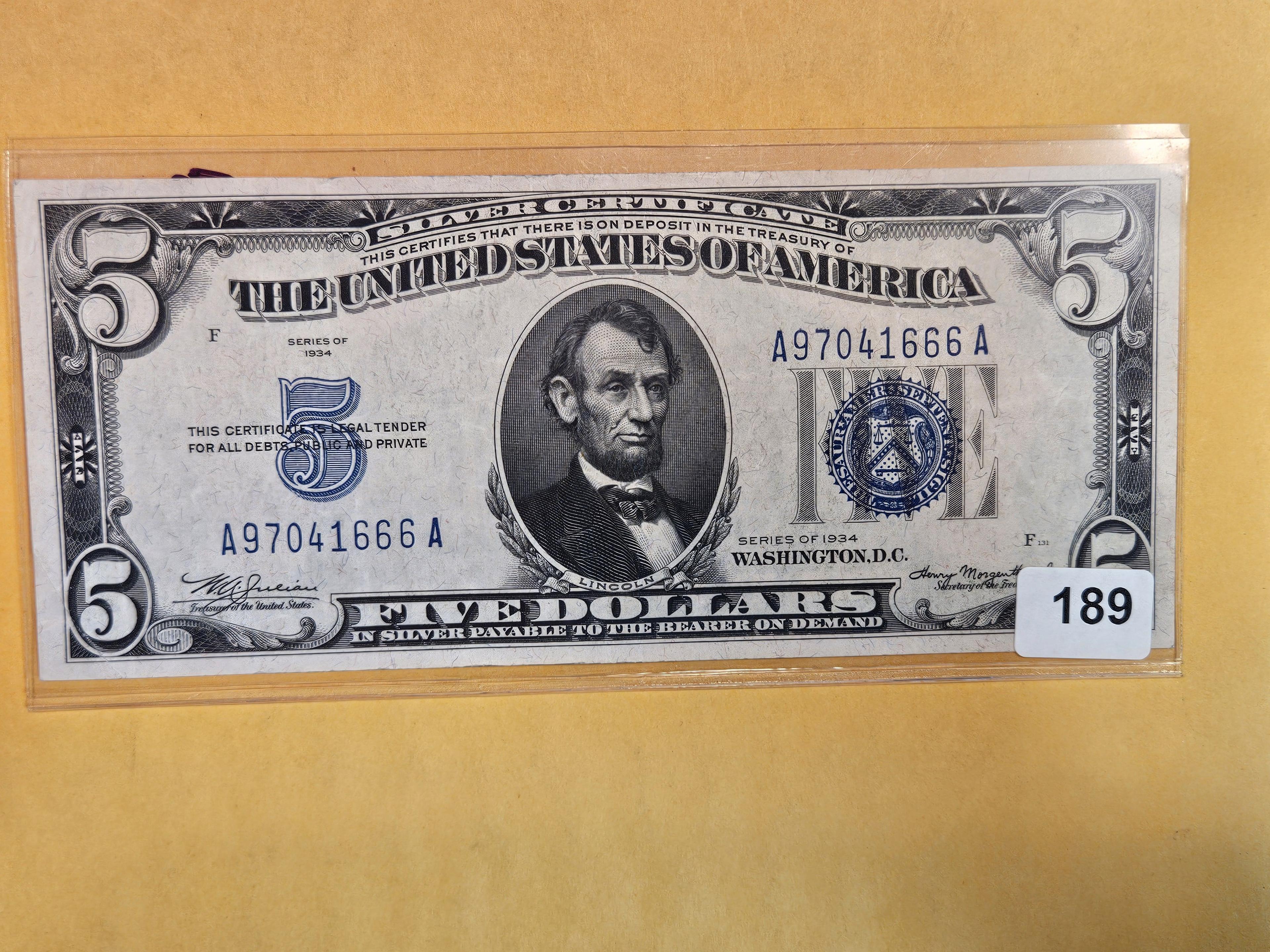 1934 Five Dollar Silver Certificate in Extra Fine