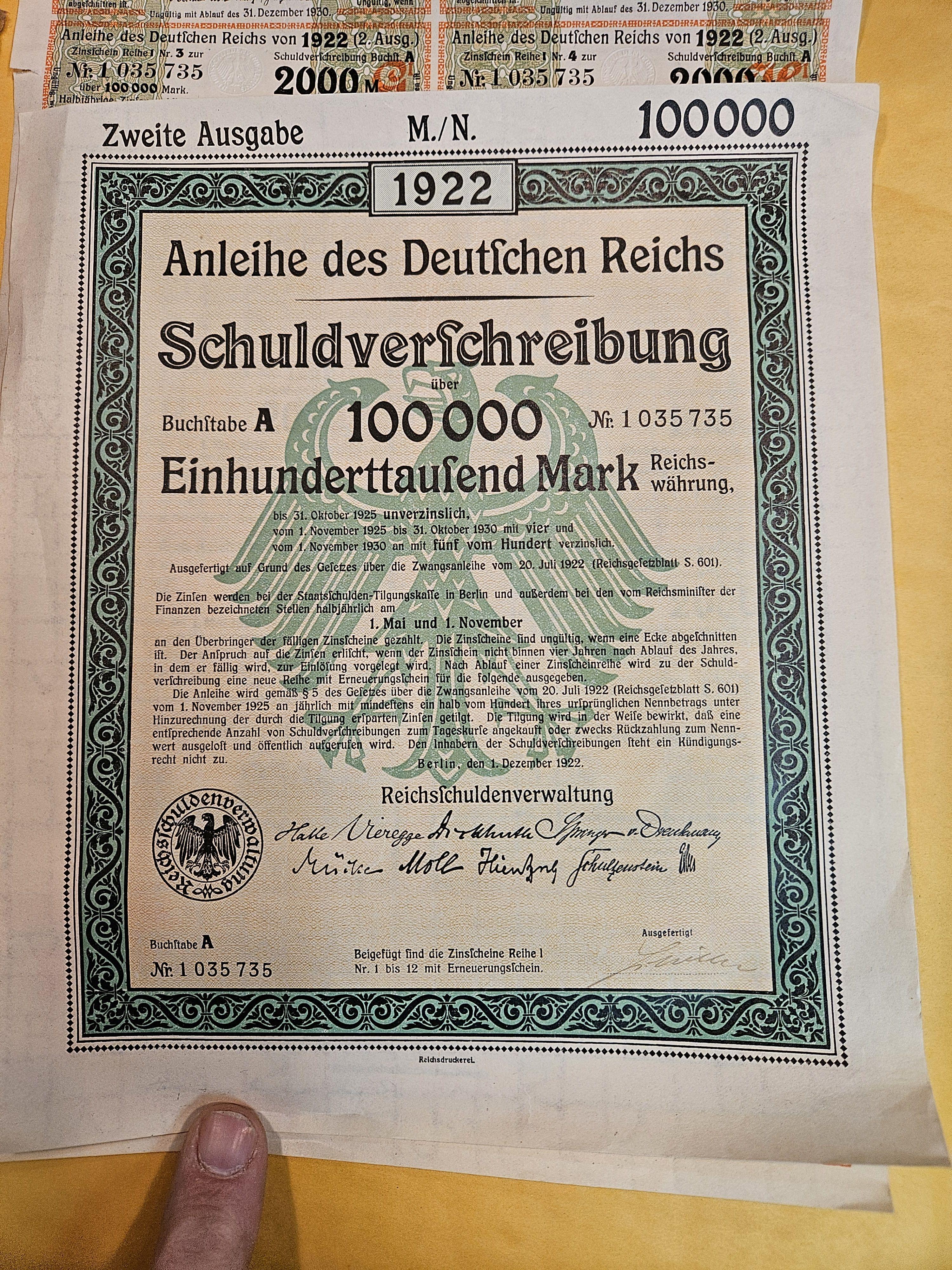 ** SCARCE! 1922 German 100,000 Mark Bond and Coupon Sheet