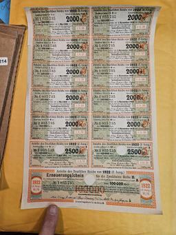 ** SCARCE! 1922 German 100,000 Mark Bond and Coupon Sheet