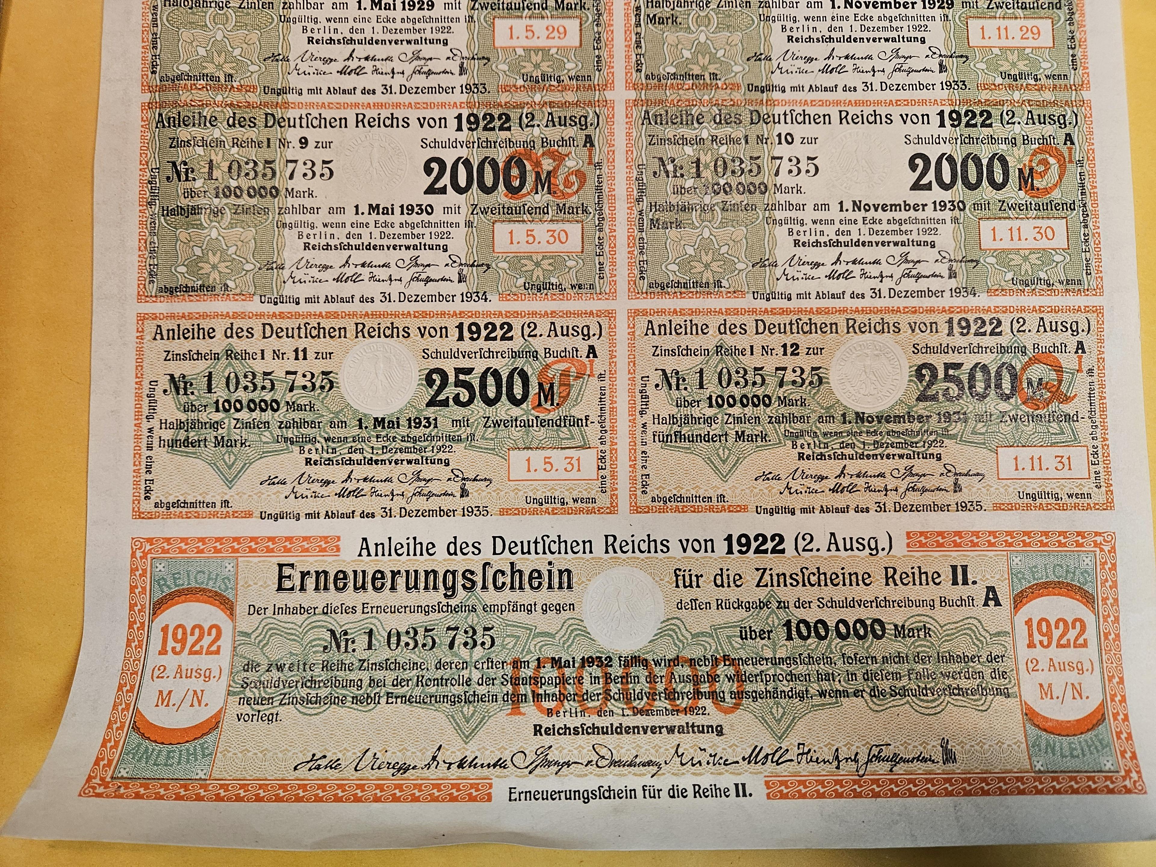 ** SCARCE! 1922 German 100,000 Mark Bond and Coupon Sheet