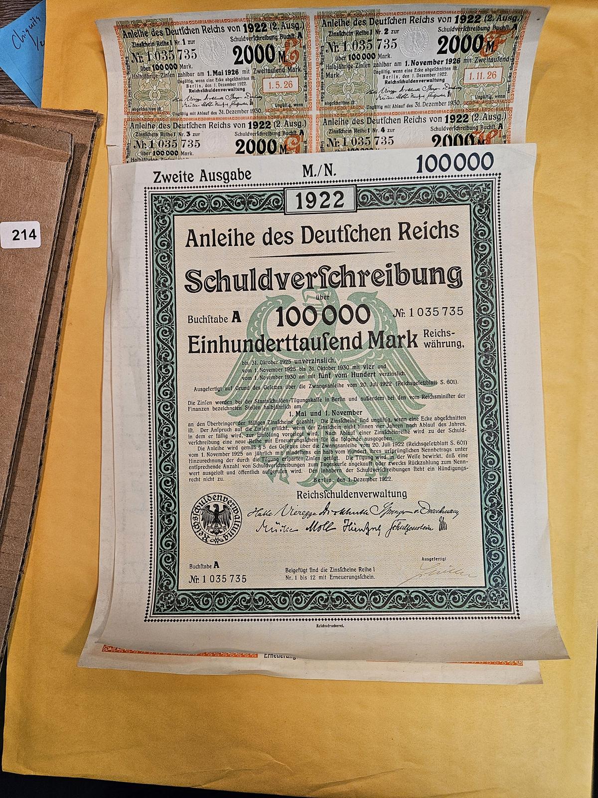 ** SCARCE! 1922 German 100,000 Mark Bond and Coupon Sheet