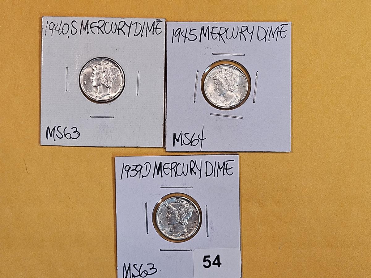 Three Mercury Dimes in Choice to Very Choice Brilliant Uncirculated