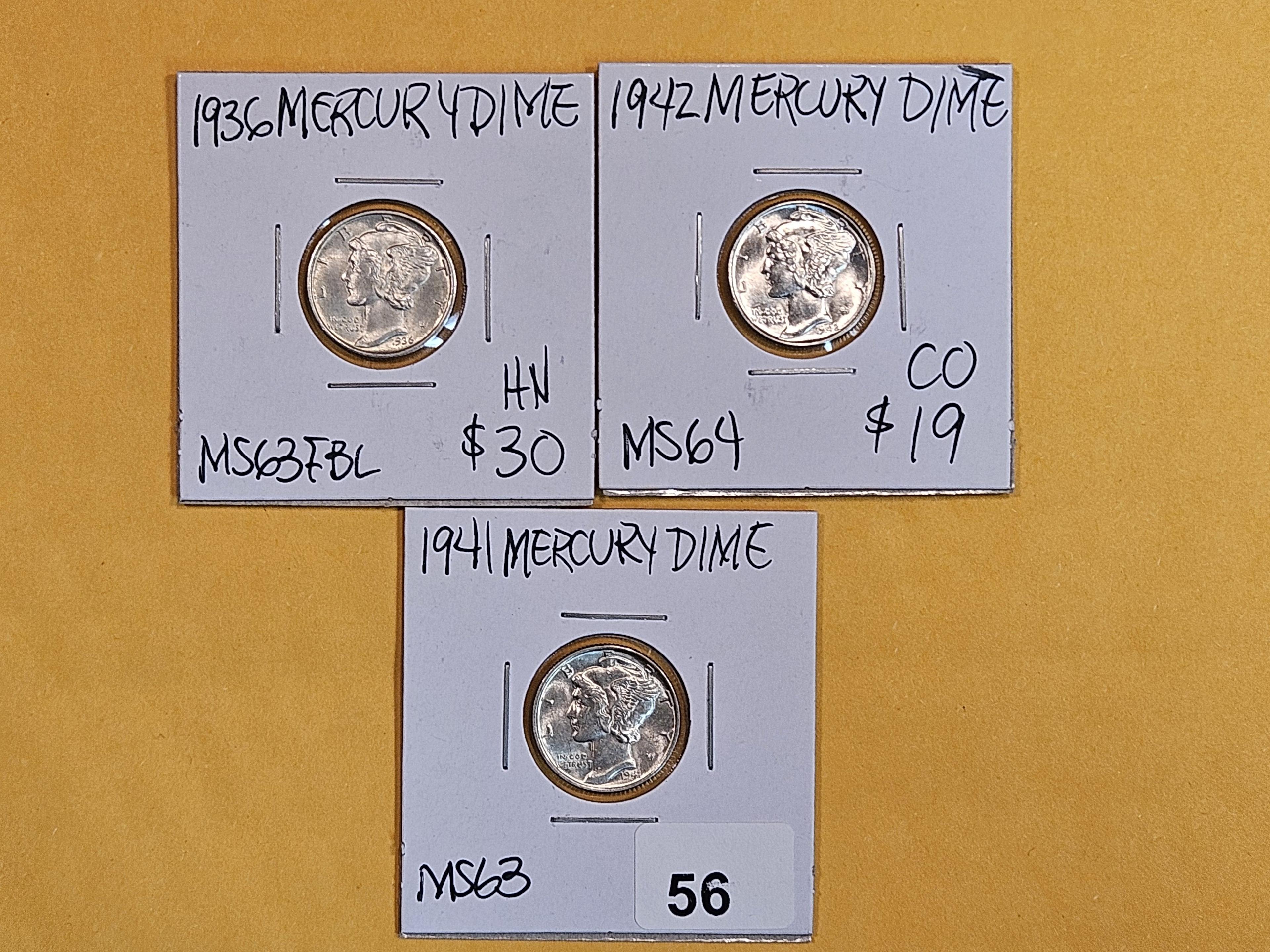 Three Mercury Dimes in Choice to Very Choice Brilliant Uncirculated