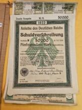 ** SCARCE! 1922 German 50,000 Mark Bond and Coupon Sheet