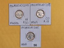 Three Mercury Dimes in Choice to Very Choice Brilliant Uncirculated