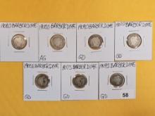 Seven mixed silver Barber Dimes