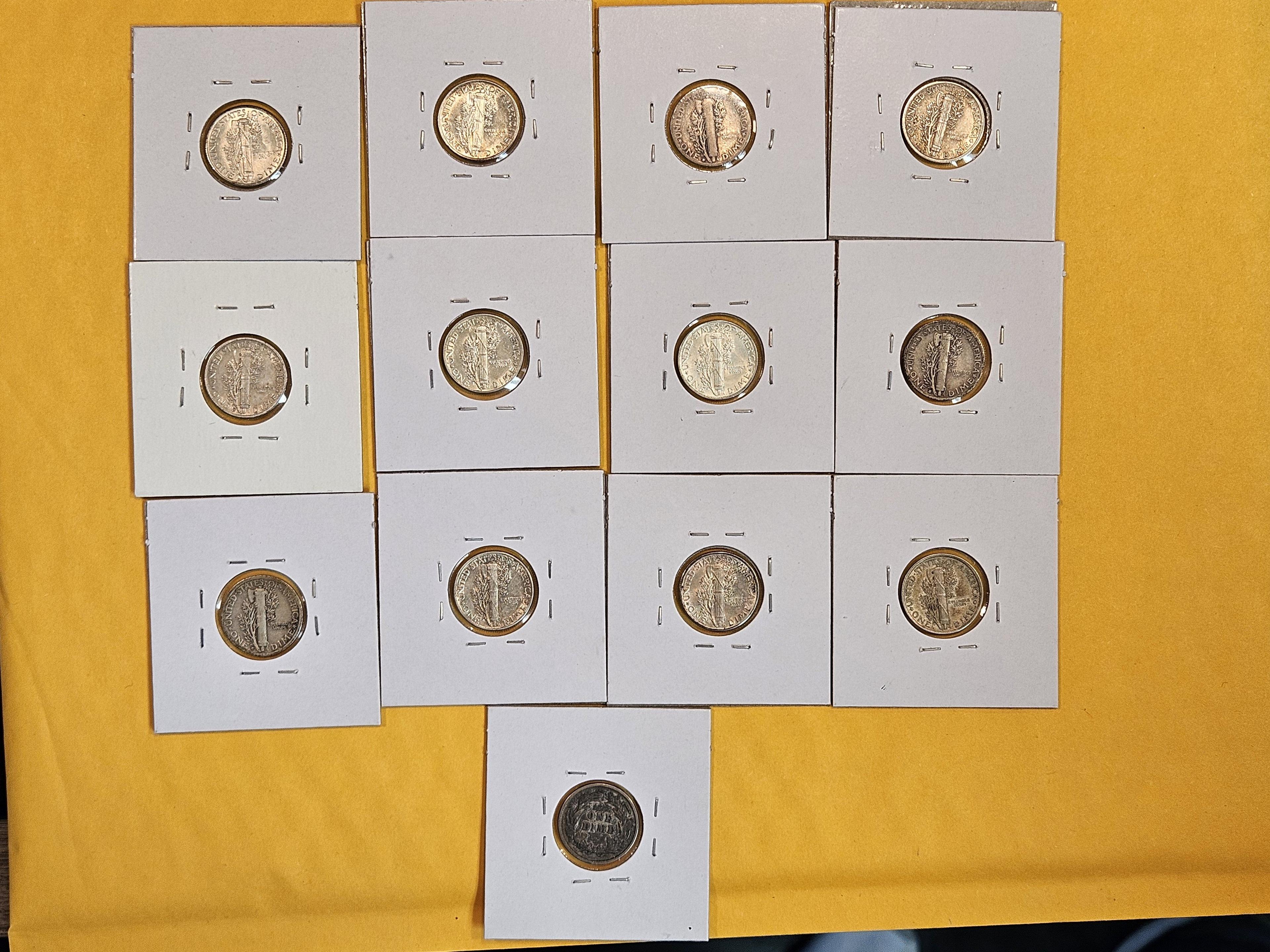 Thirteen mixed silver dimes