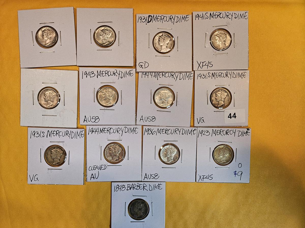 Thirteen mixed silver dimes