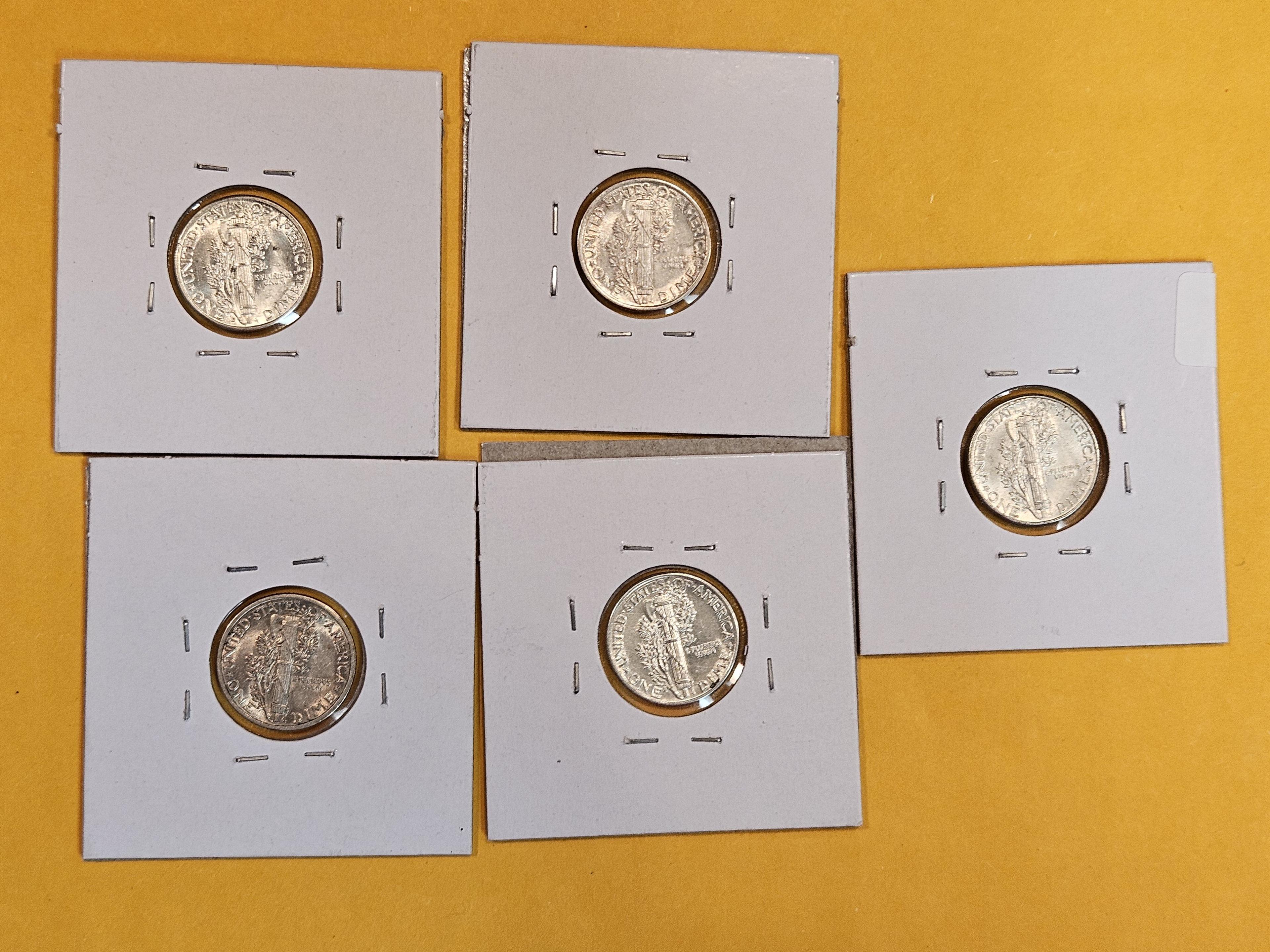 Five Brilliant Uncirculated silver Mercury Dimes