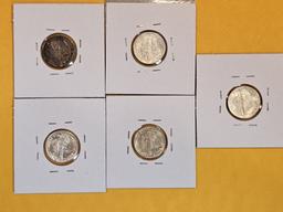 Five Brilliant silver Mercury Dimes