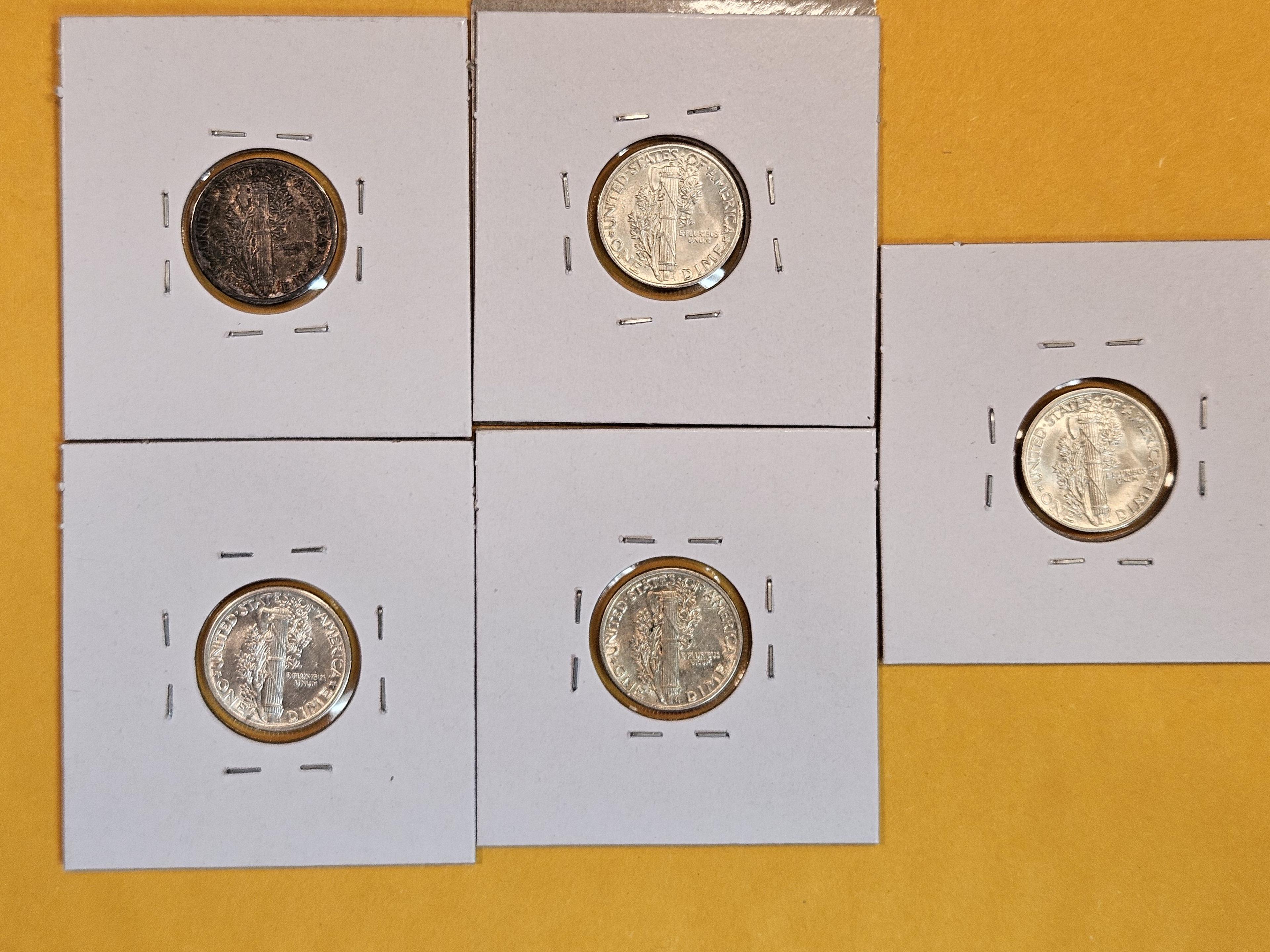 Five Brilliant silver Mercury Dimes