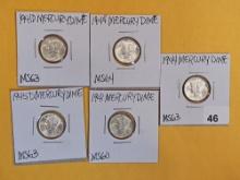 Five Brilliant Uncirculated silver Mercury Dimes