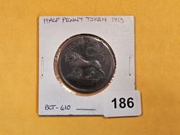 1813 Half penny British Trade token in About Uncirculated