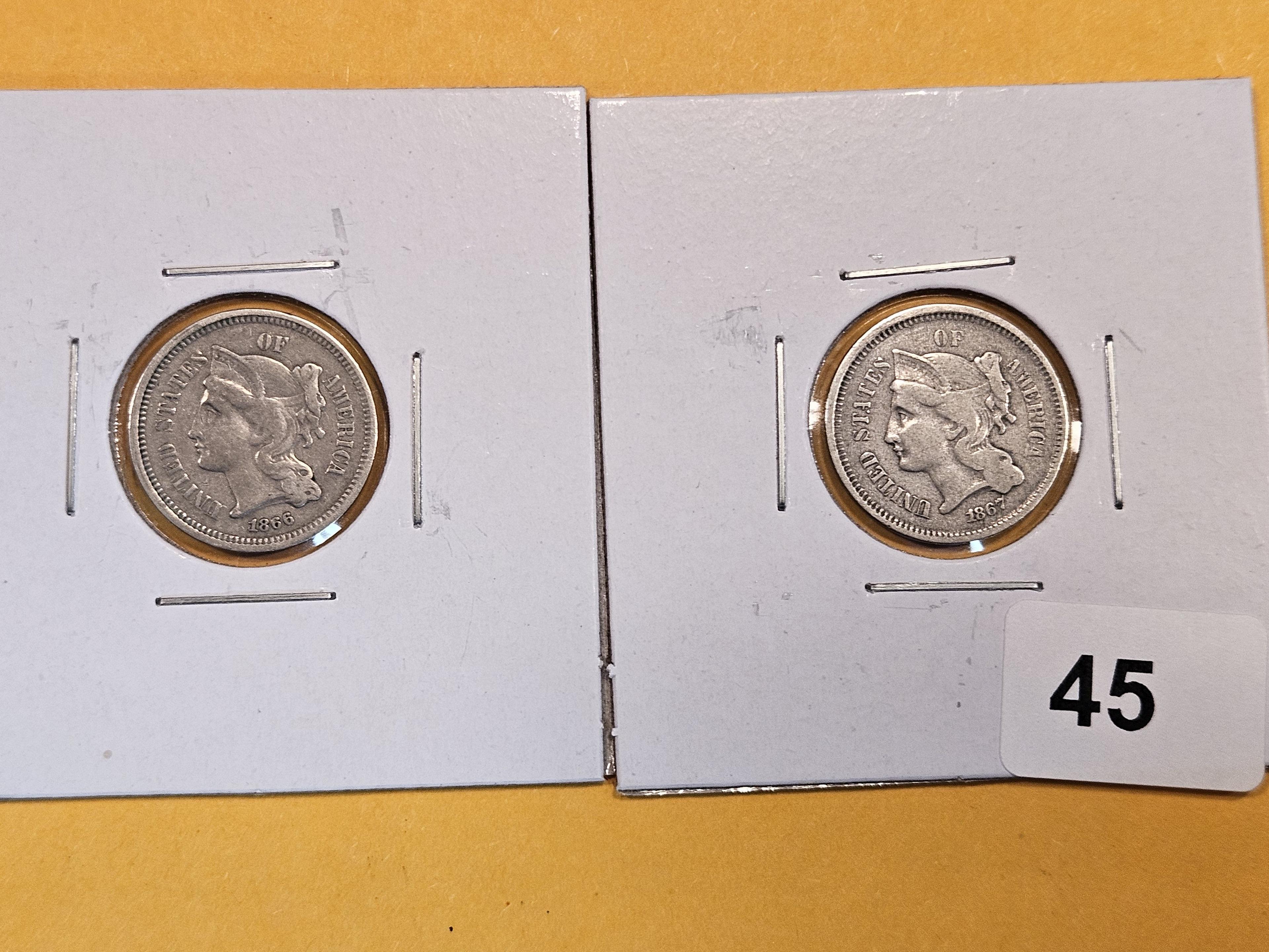 1866 and 1867 Three Cent Nickels