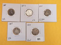 Five Seated Liberty Dimes