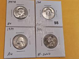 Four mixed silver quarters