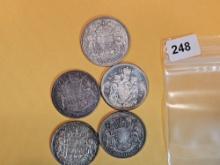 Five nice Canada Silver 50 cent pieces