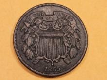 1865 Two Cent piece in Extra Fine