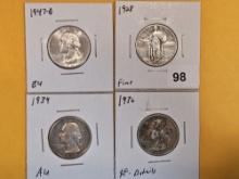 Four mixed silver quarters