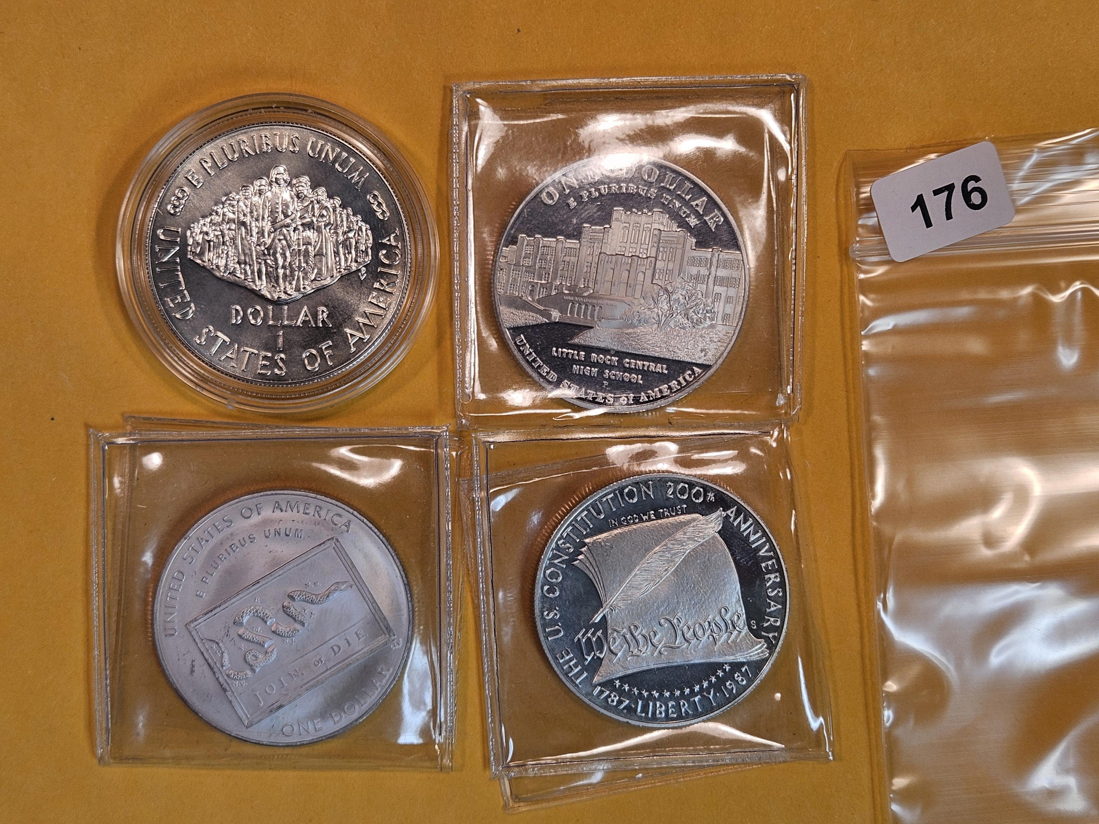 Four mixed Proof Deep Cameo and GEM BU Commemorative Silver Dollars