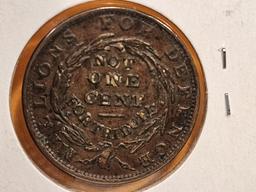 1837 Hard Times Token Merchant's Store Card in About Uncirculated plus