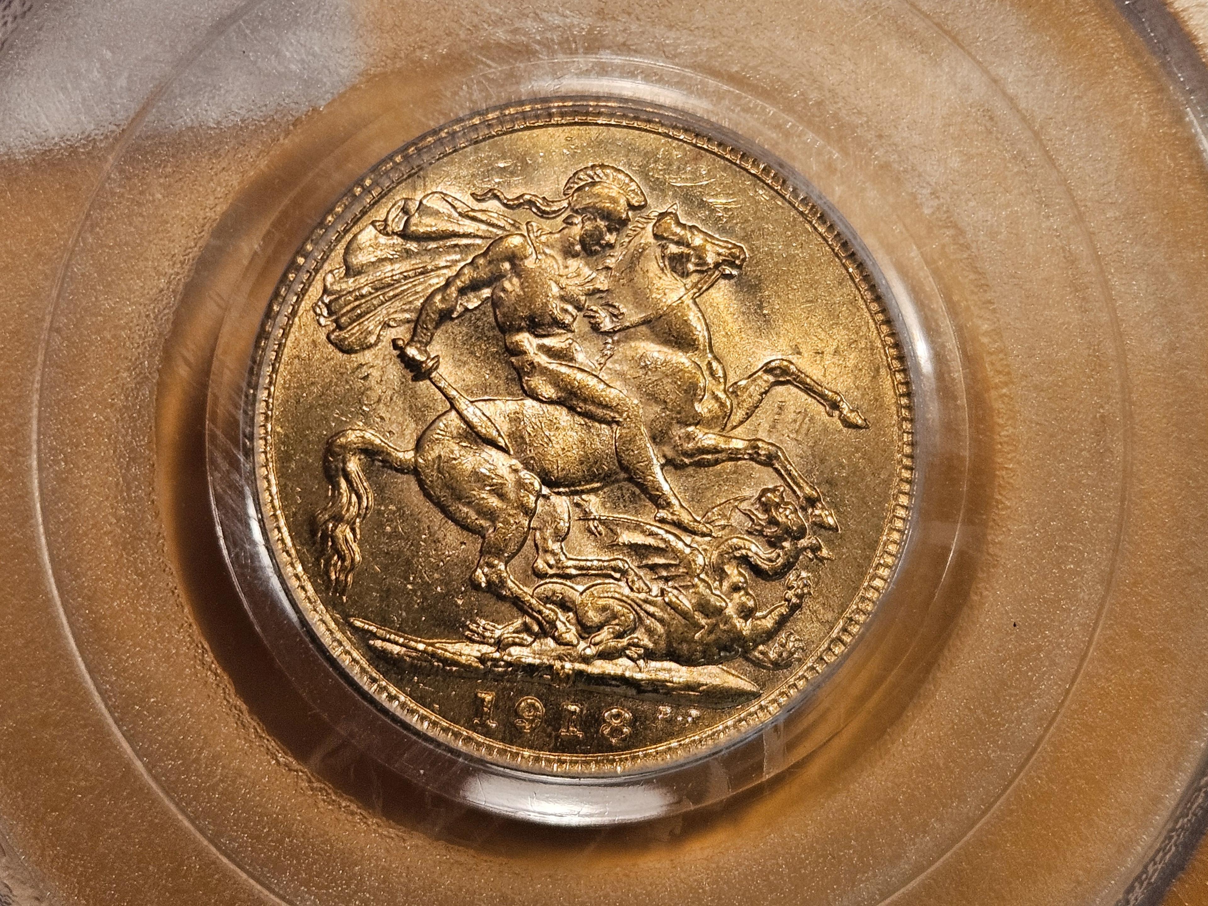 GOLD! PCGS 1918-M Australia Gold Sovereign in Mint State 63