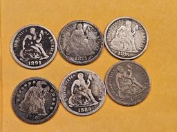 Six older Seated Liberty Dimes