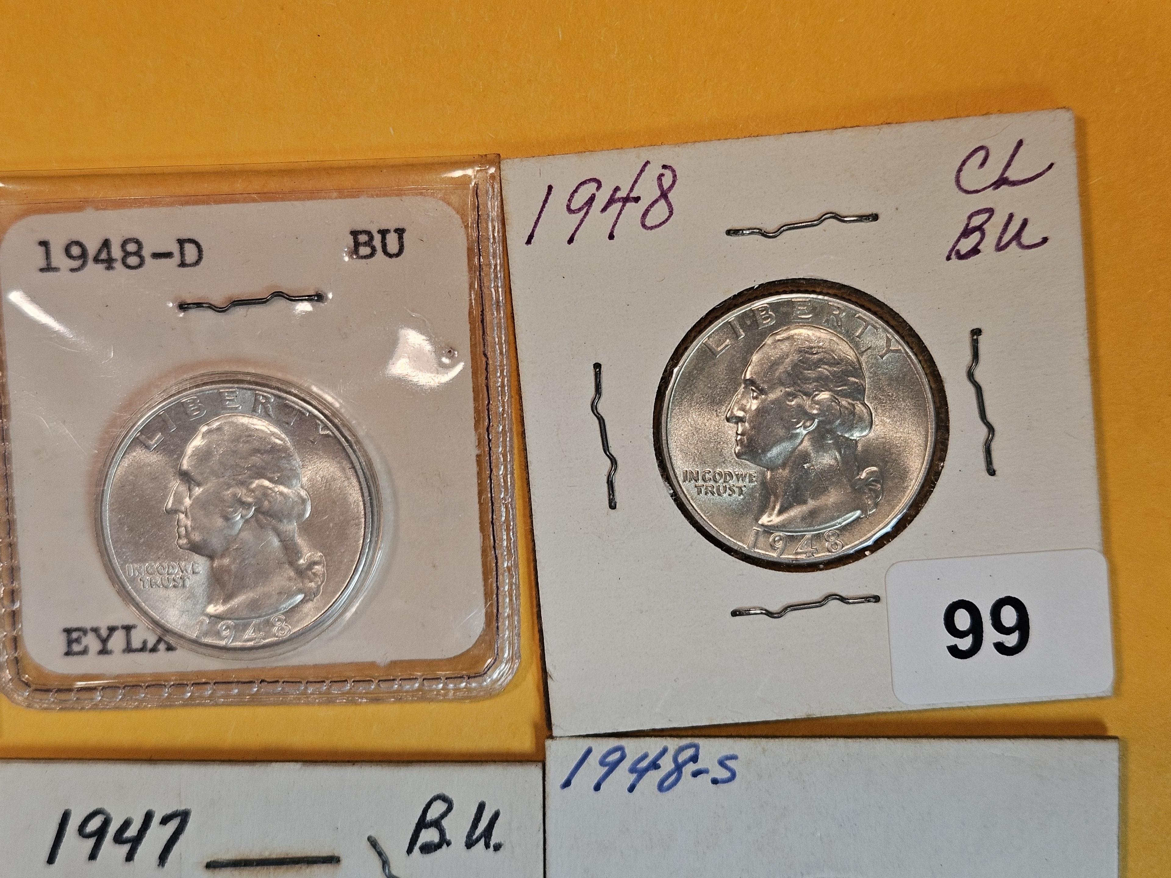 Six Choice Brilliant Uncirculated silver Washington Quarters