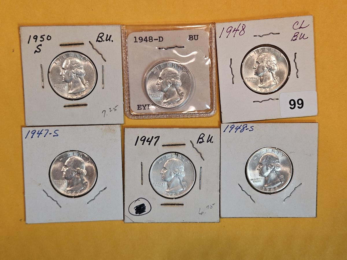 Six Choice Brilliant Uncirculated silver Washington Quarters