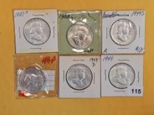 Six Silver Franklin Half Dollars