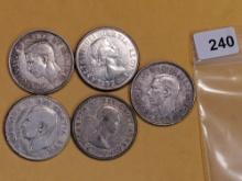 Five nicer Canada silver 50 cent pieces
