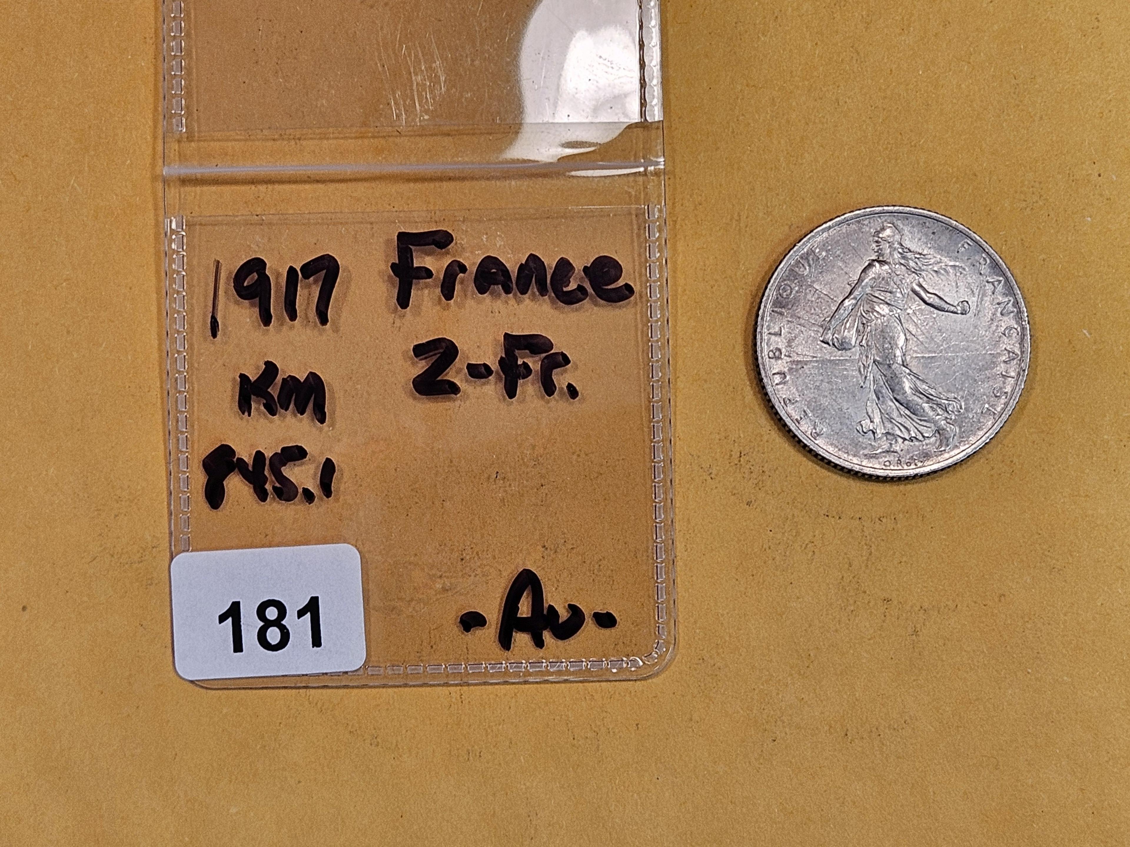 1917 France silver 2 francs in About Uncirculated