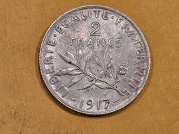 1917 France silver 2 francs in About Uncirculated