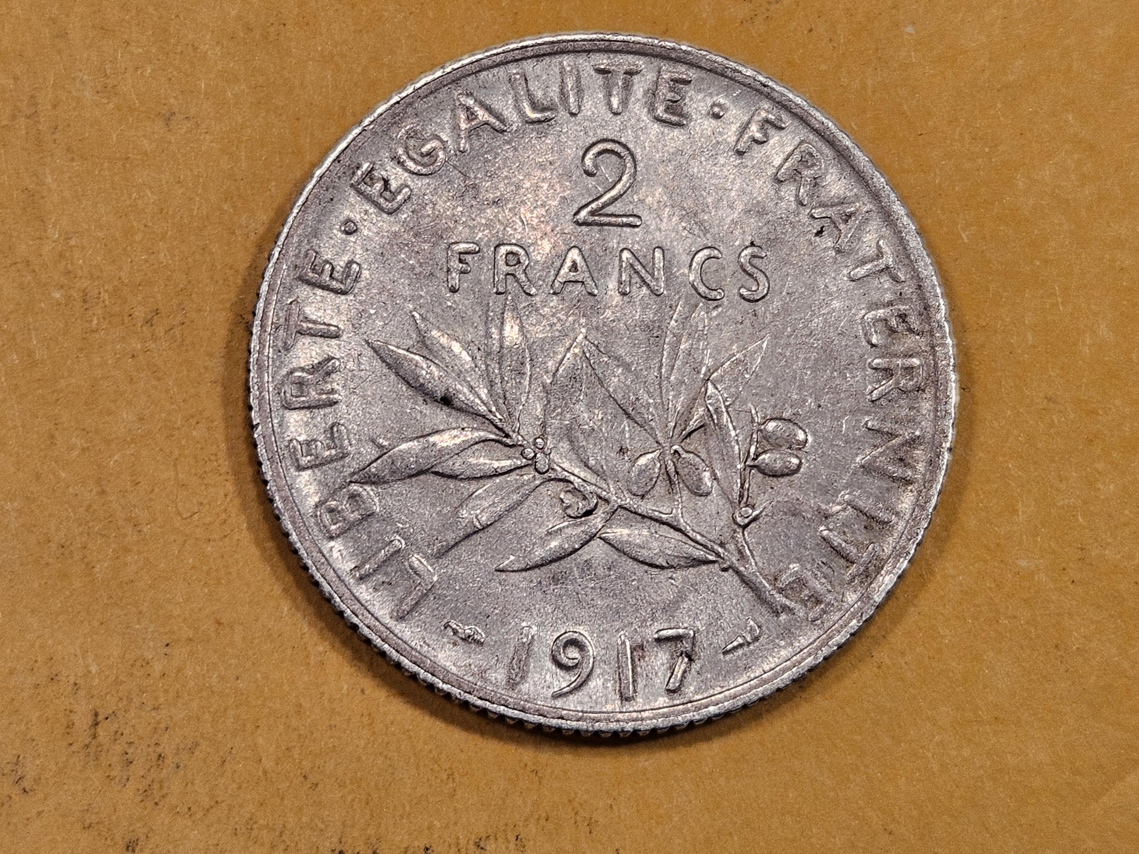 1917 France silver 2 francs in About Uncirculated