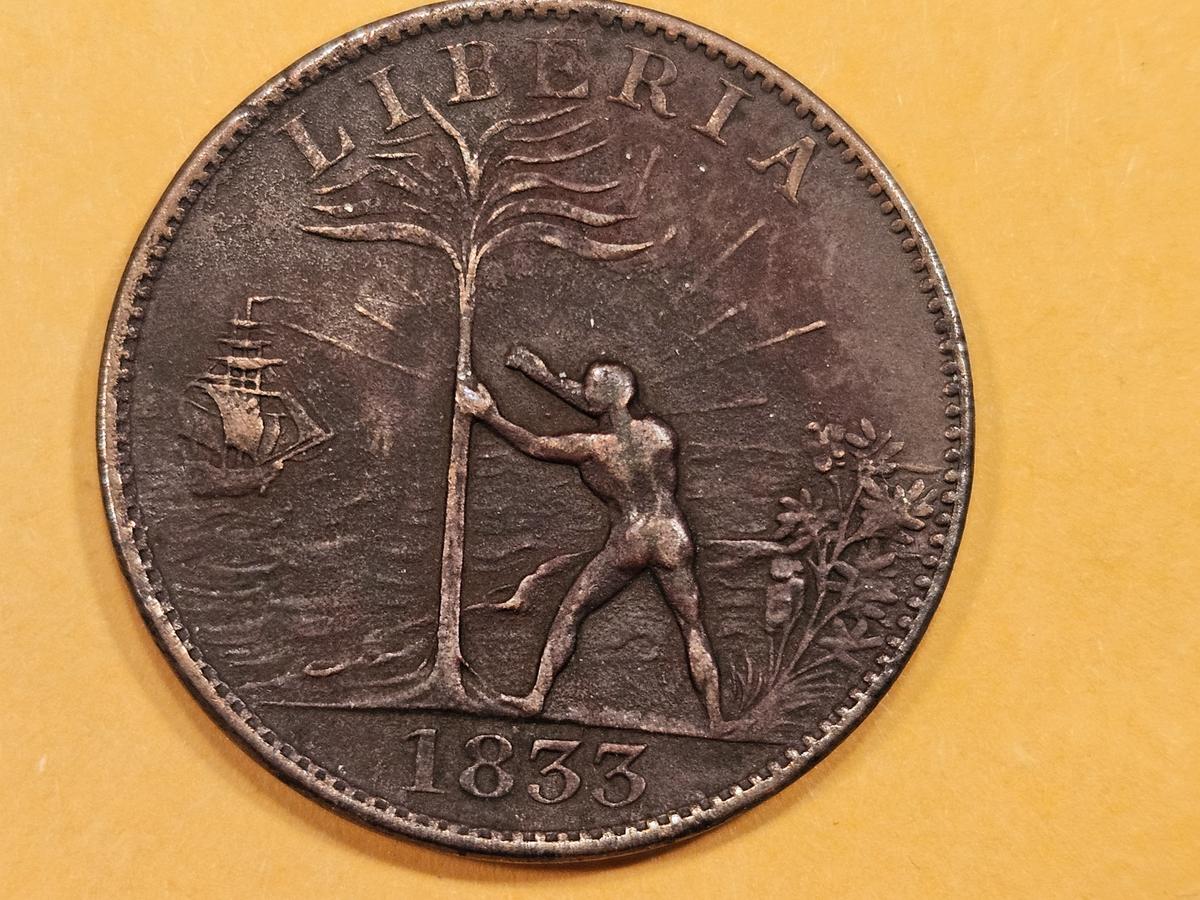 ** RARE ** 1833 Liberia One Cent in Extra Fine