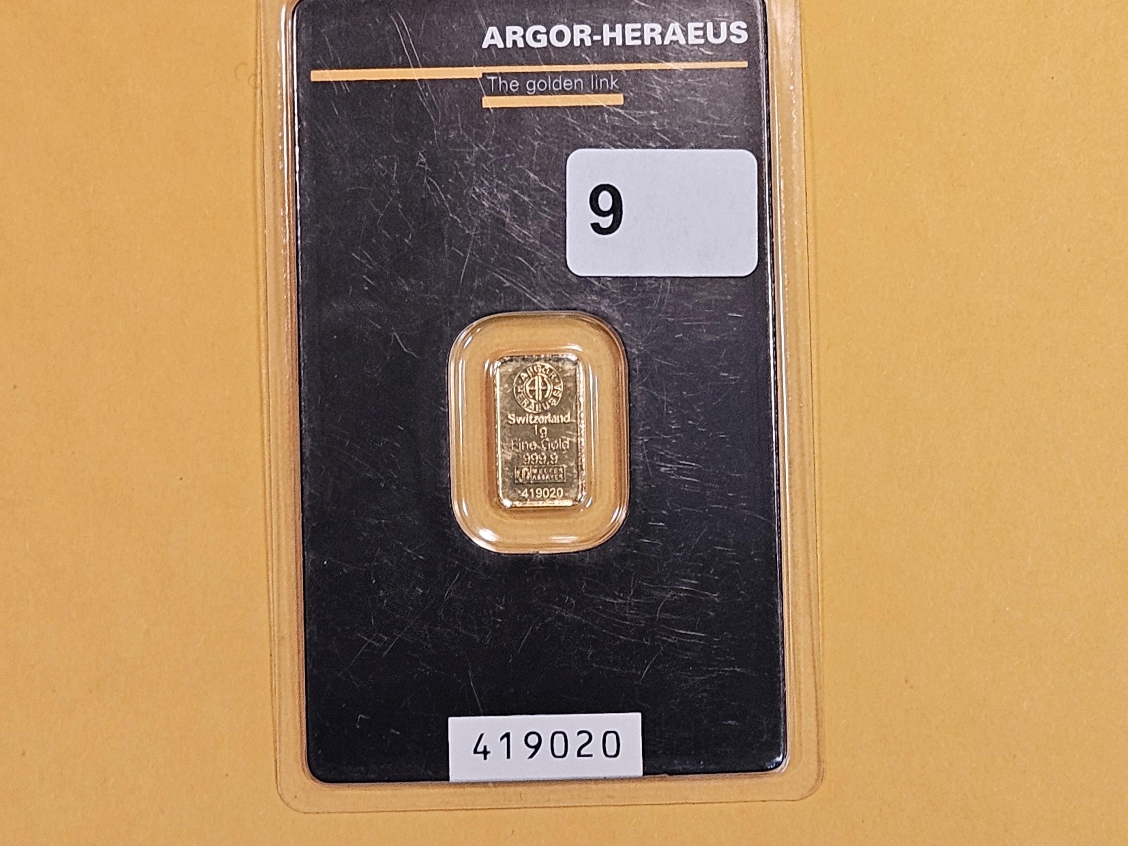 GOLD! Argor-Heraeus .9999 Fine one Gram GOLD Bar