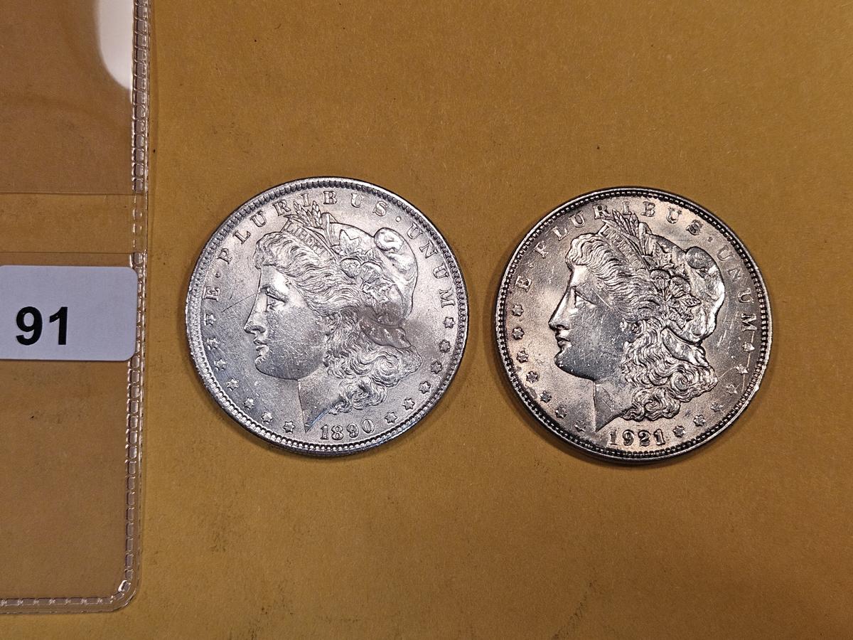 1890 and 1921 Morgan Silver Dollars