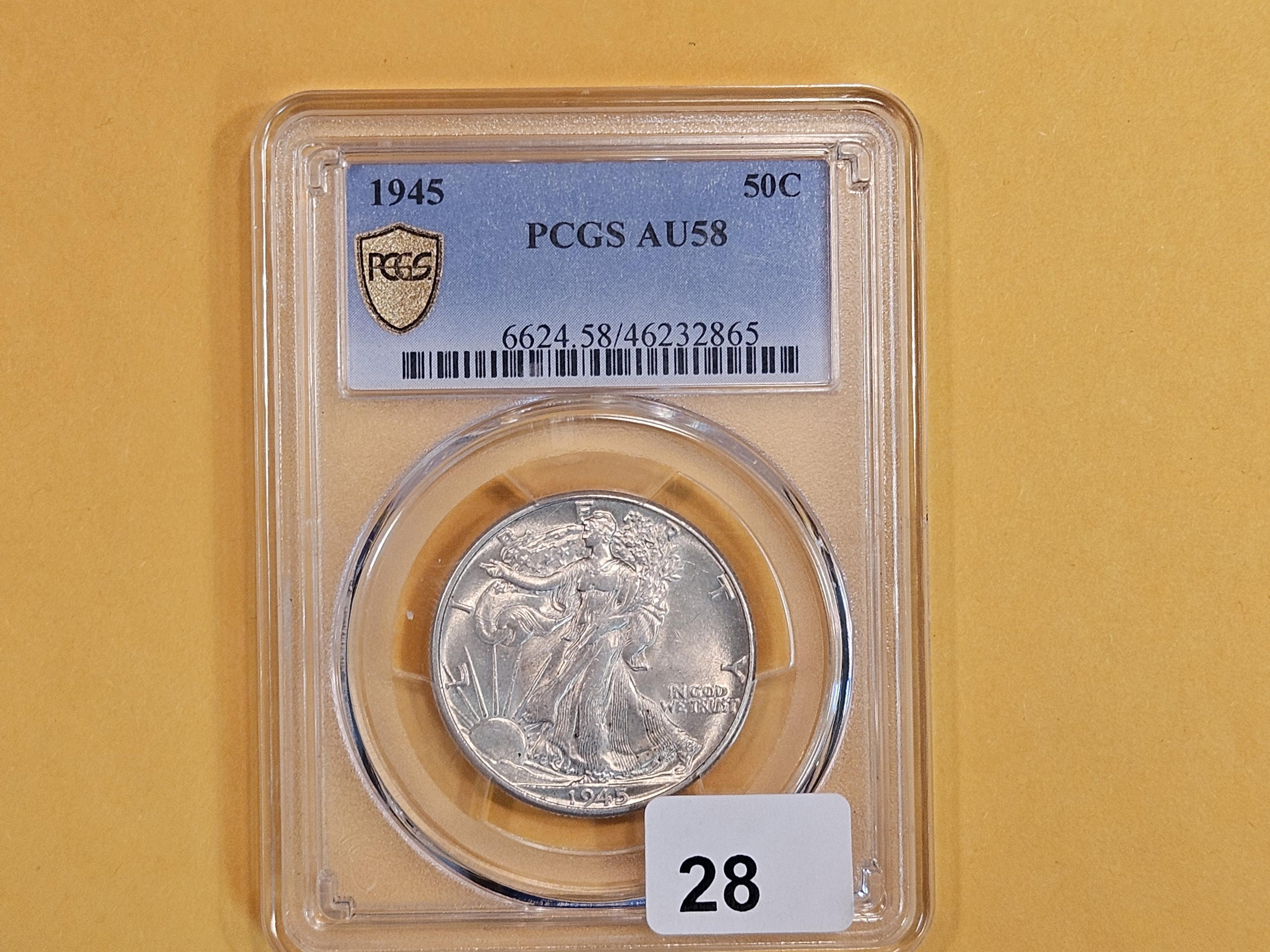 PCGS 1945 Walking Liberty Half Dollar in About Uncirculated - 58