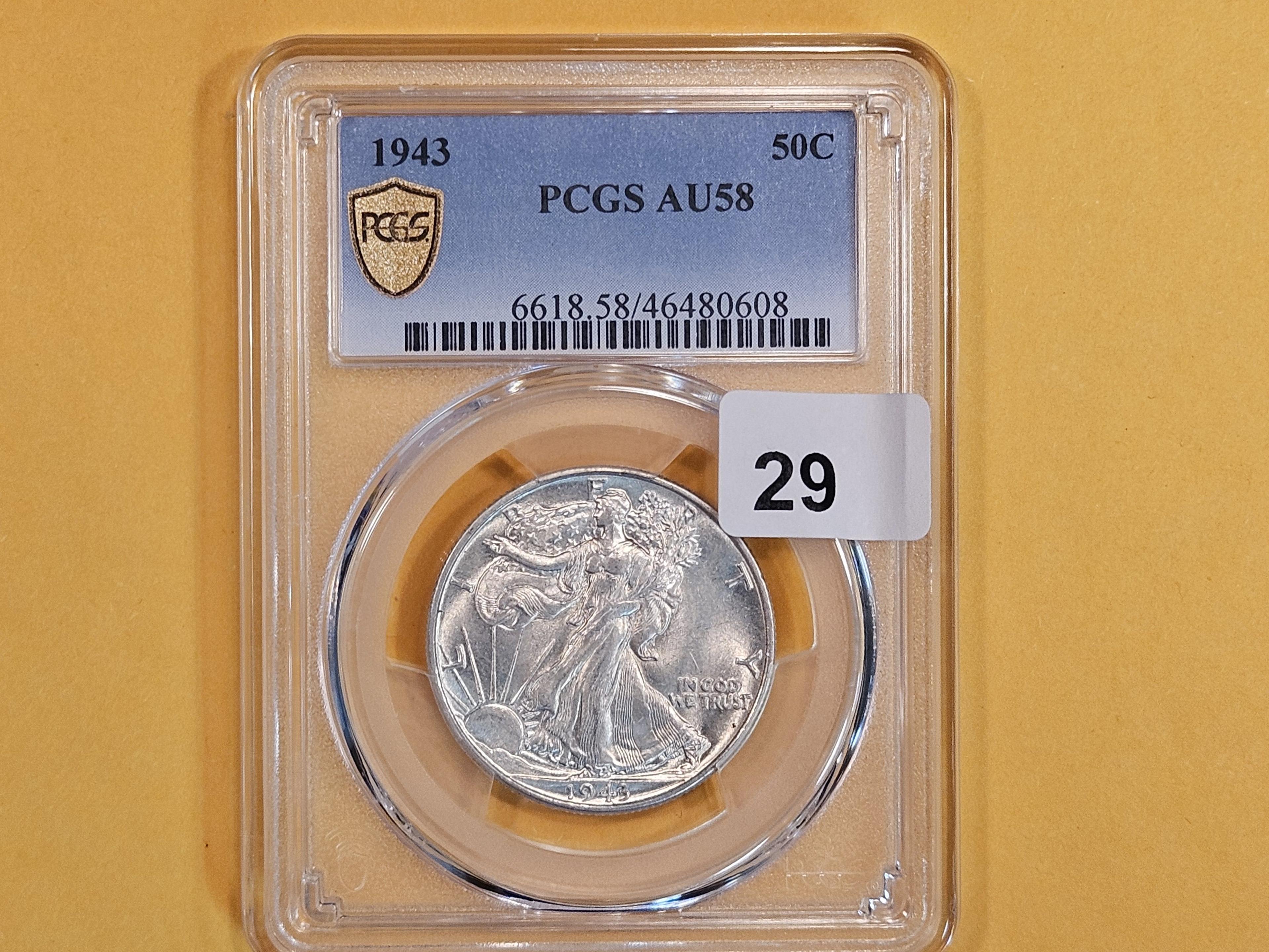 PCGS 1943 Walking Liberty Half Dollar in About Uncirculated - 58