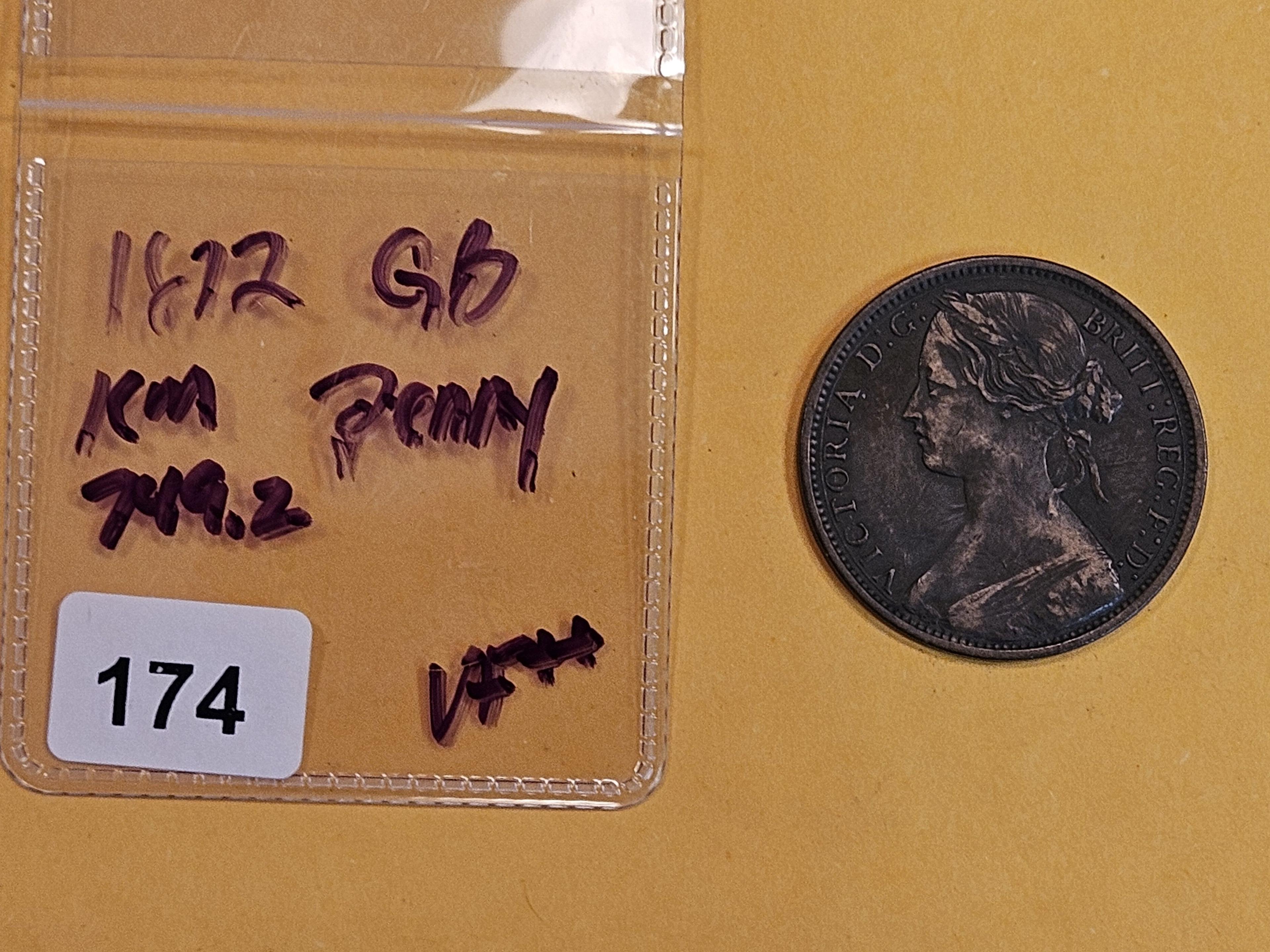 1872 Great Britain penny in Very Fine plus