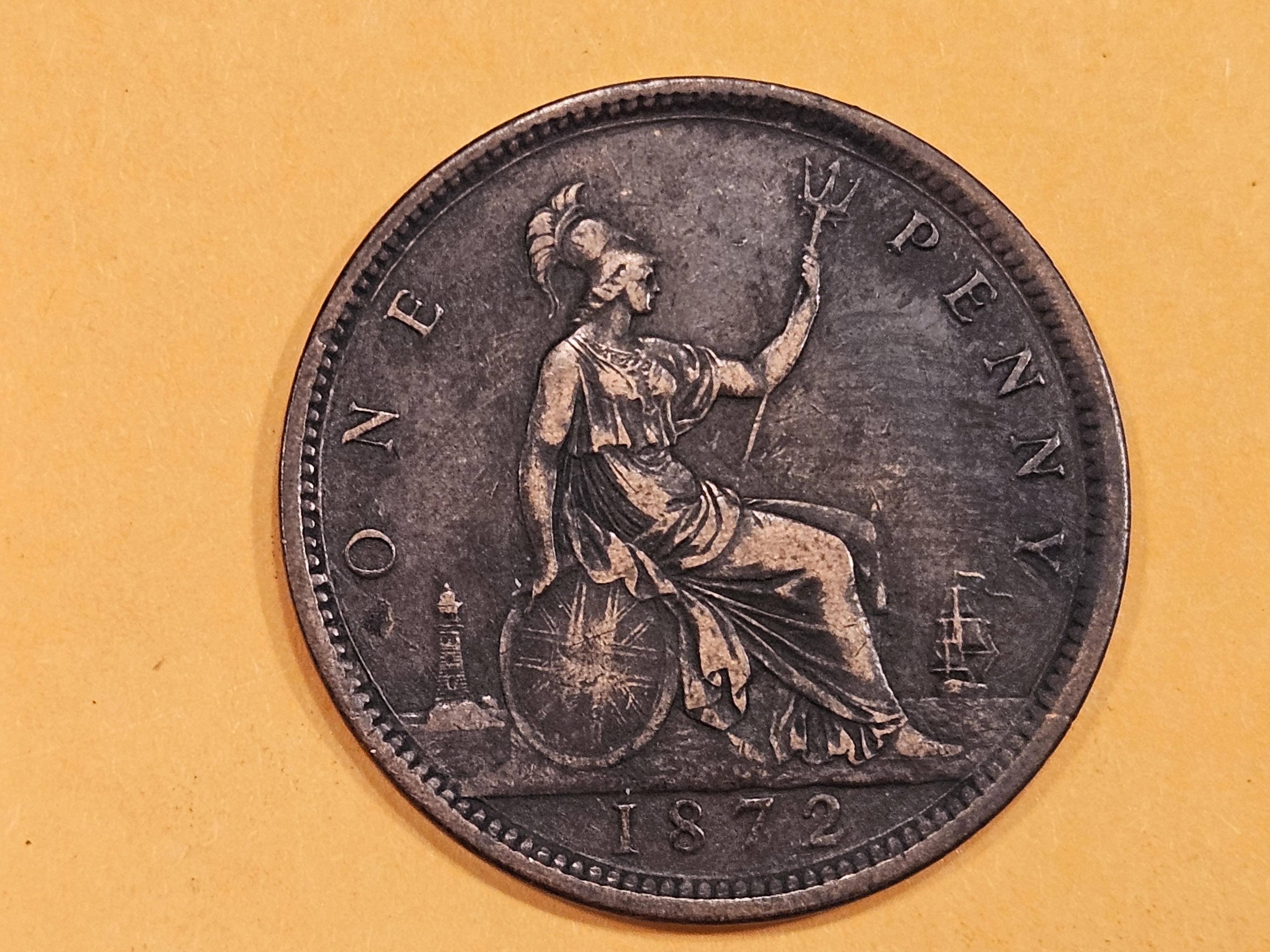 1872 Great Britain penny in Very Fine plus