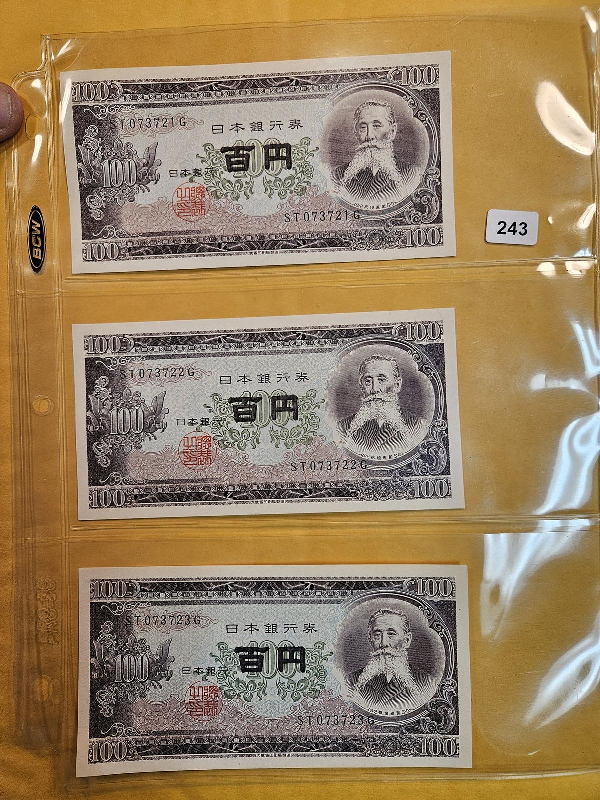 Three crisp uncirculated Japanese notes