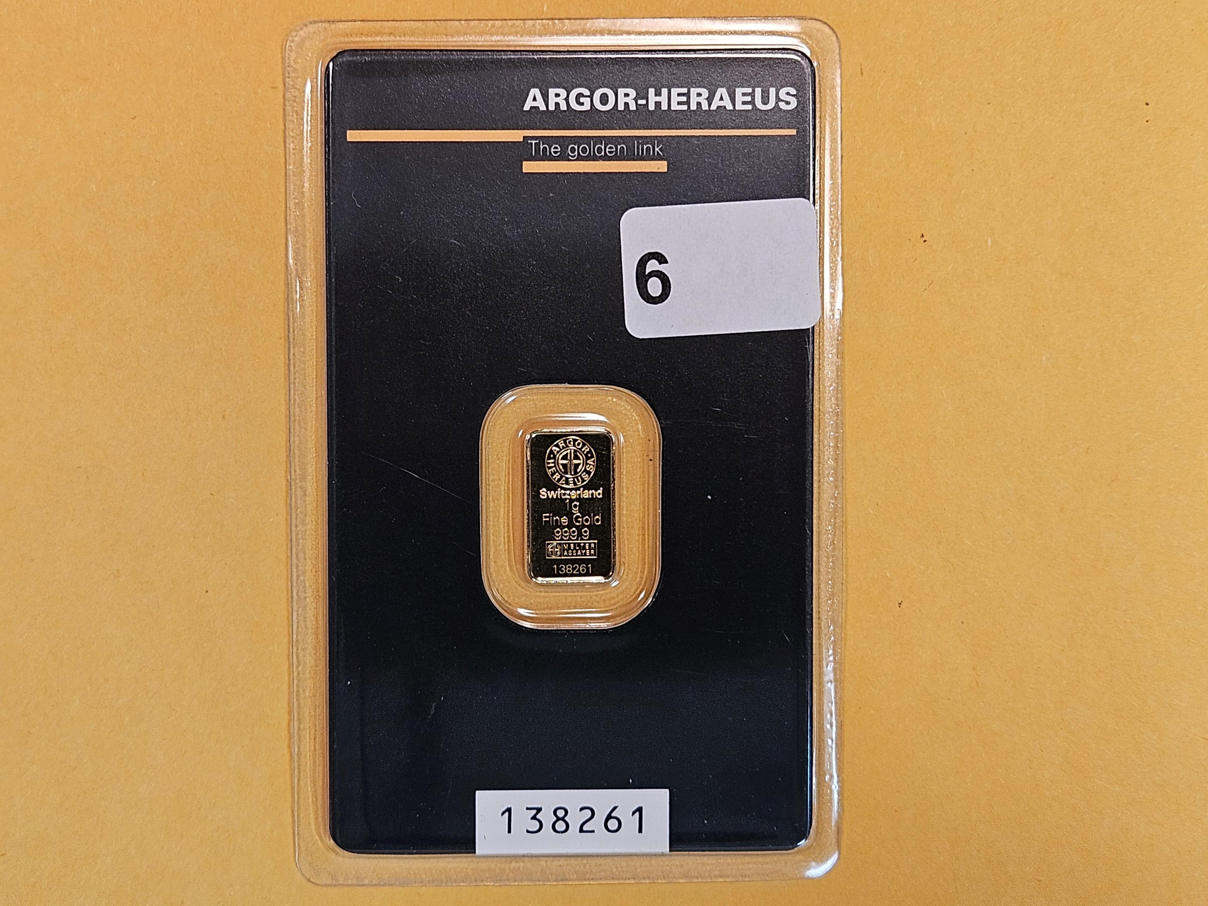 GOLD! Argor-Heraeus One gram .9999 fine Gold Bar